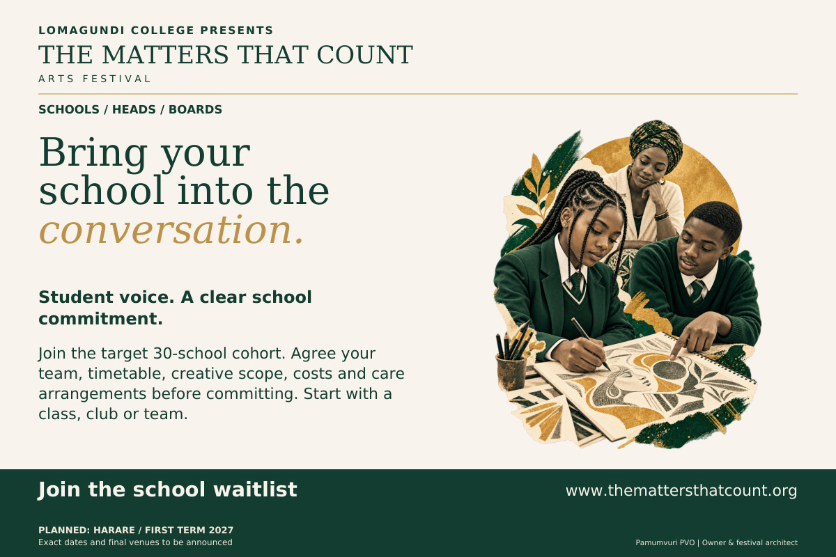 The Matters That Count Arts Festival. Schools / Heads / Boards. Bring your school into the conversation. Student voice. A clear school commitment. Join the target 30-school cohort. Agree your team, timetable, creative scope, costs and care arrangements before committing. Start with a class, club or team. Expression of interest is free. A place is not guaranteed. Join the school waitlist. Fictional concept collage shows two uniformed pupils discussing and drawing with an adult teacher.
