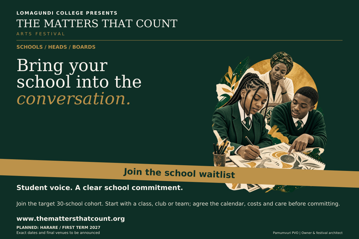 The Matters That Count Arts Festival. Schools / Heads / Boards. Bring your school into the conversation. Student voice. A clear school commitment. Join the target 30-school cohort. Agree your team, timetable, creative scope, costs and care arrangements before committing. Start with a class, club or team. Expression of interest is free. A place is not guaranteed. Join the school waitlist. Fictional concept collage shows two uniformed pupils discussing and drawing with an adult teacher.