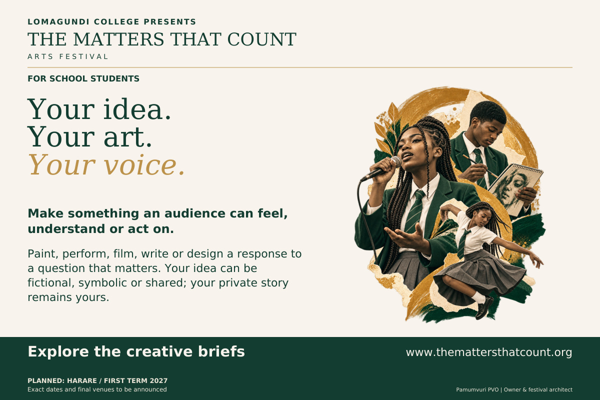 The Matters That Count Arts Festival. For School Students. Your idea. Your art. Your voice. Make something an audience can feel, understand or act on. Paint, perform, film, write or design a response to a question that matters. Your idea can be fictional, symbolic or shared; your private story remains yours. Under 18? Involve a parent, guardian or authorised teacher. Explore the creative briefs. Fictional concept collage shows three uniformed school pupils making spoken word, visual art and dance.