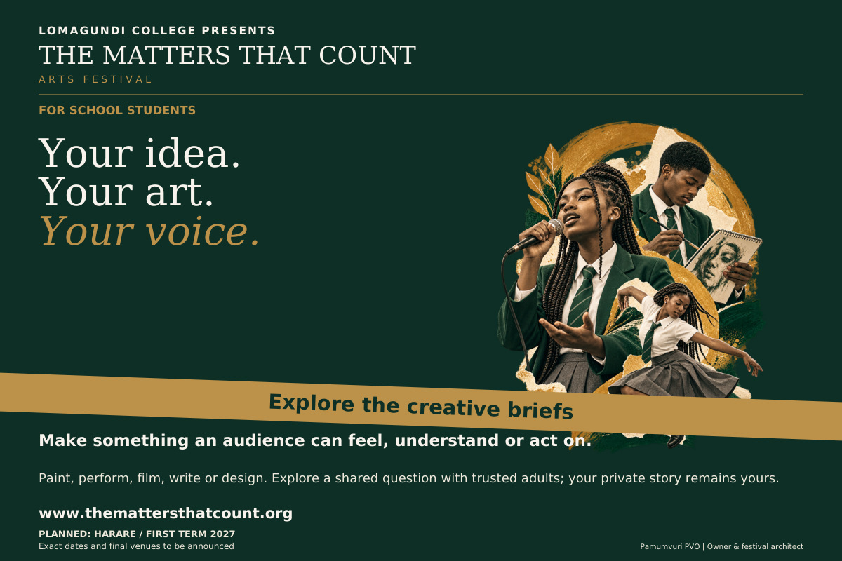 The Matters That Count Arts Festival. For School Students. Your idea. Your art. Your voice. Make something an audience can feel, understand or act on. Paint, perform, film, write or design a response to a question that matters. Your idea can be fictional, symbolic or shared; your private story remains yours. Under 18? Involve a parent, guardian or authorised teacher. Explore the creative briefs. Fictional concept collage shows three uniformed school pupils making spoken word, visual art and dance.