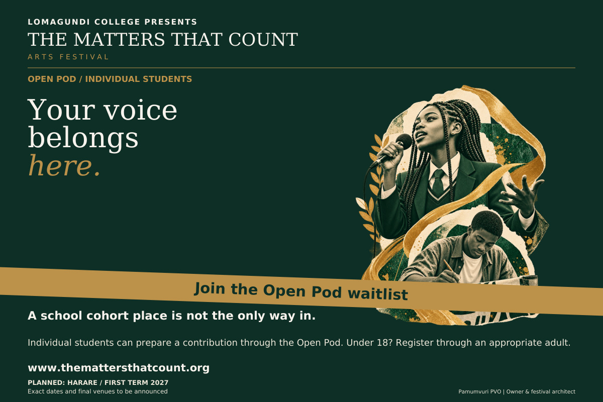The Matters That Count Arts Festival. Open Pod / Individual Students. Your voice belongs here. A school cohort place is not the only way in. The Open Pod welcomes individual students through an adult-supported route. Explore a brief, register interest and prepare a contribution after onboarding. Under-18 registration goes through an appropriate adult. Selection is subject to capacity. Join the Open Pod waitlist. Fictional concept collage shows a uniformed school pupil speaking and a casually dressed community participant making art.