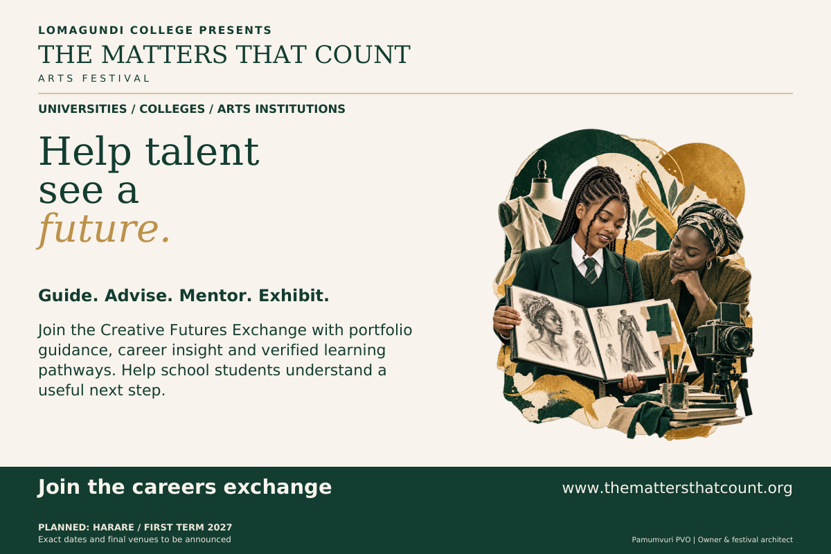 The Matters That Count Arts Festival. Universities / Colleges / Arts Institutions. Help talent see a future. Guide. Advise. Mentor. Exhibit. Join the Creative Futures Exchange with portfolio guidance, career insight and verified learning pathways. Help school students understand a useful next step. Institutions contribute pathways; participation is not a promise of admission or a scholarship. Join the careers exchange. Fictional concept collage shows a uniformed school pupil presenting a portfolio to an adult arts educator.