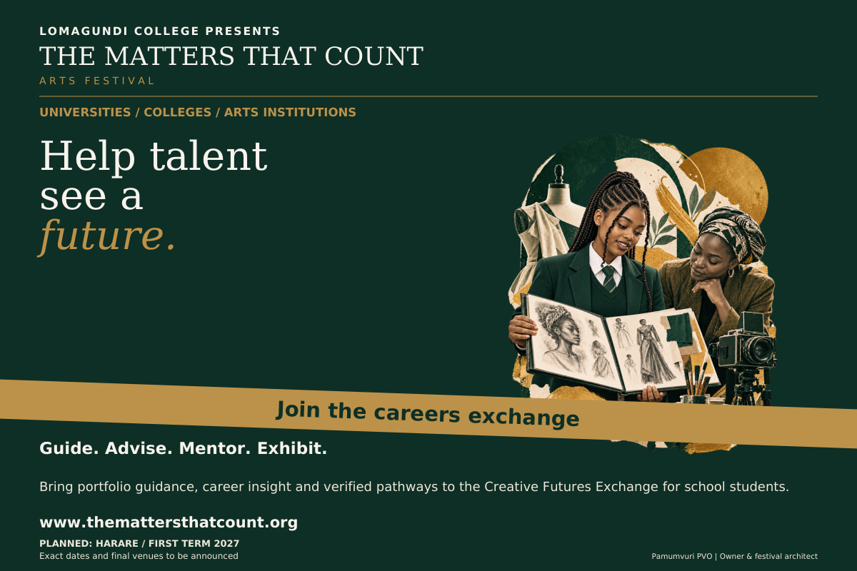 The Matters That Count Arts Festival. Universities / Colleges / Arts Institutions. Help talent see a future. Guide. Advise. Mentor. Exhibit. Join the Creative Futures Exchange with portfolio guidance, career insight and verified learning pathways. Help school students understand a useful next step. Institutions contribute pathways; participation is not a promise of admission or a scholarship. Join the careers exchange. Fictional concept collage shows a uniformed school pupil presenting a portfolio to an adult arts educator.