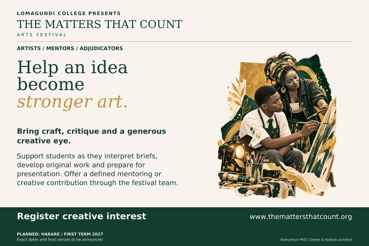The Matters That Count Arts Festival. Artists / Mentors / Adjudicators. Help an idea become stronger art. Bring craft, critique and a generous creative eye. Support students as they interpret briefs, develop original work and prepare for presentation. Offer a defined mentoring or creative contribution through the festival team. All contributor roles, access and school arrangements are agreed in advance. Register creative interest. Fictional concept collage shows a uniformed school pupil painting with an adult creative mentor.
