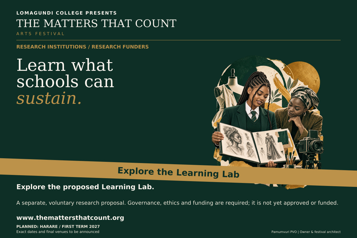 The Matters That Count Arts Festival. Research Institutions / Research Funders. Learn what schools can sustain. Explore the proposed Learning Lab. Help shape questions, methods and practical school outputs. The Learning Lab is a separate, voluntary research proposal requiring governance, ethics and ring-fenced funding. Conditional proposal: not yet approved or funded. Research is not required for festival entry. Explore the Learning Lab. Fictional concept collage shows a uniformed school pupil presenting a portfolio to an adult arts educator.
