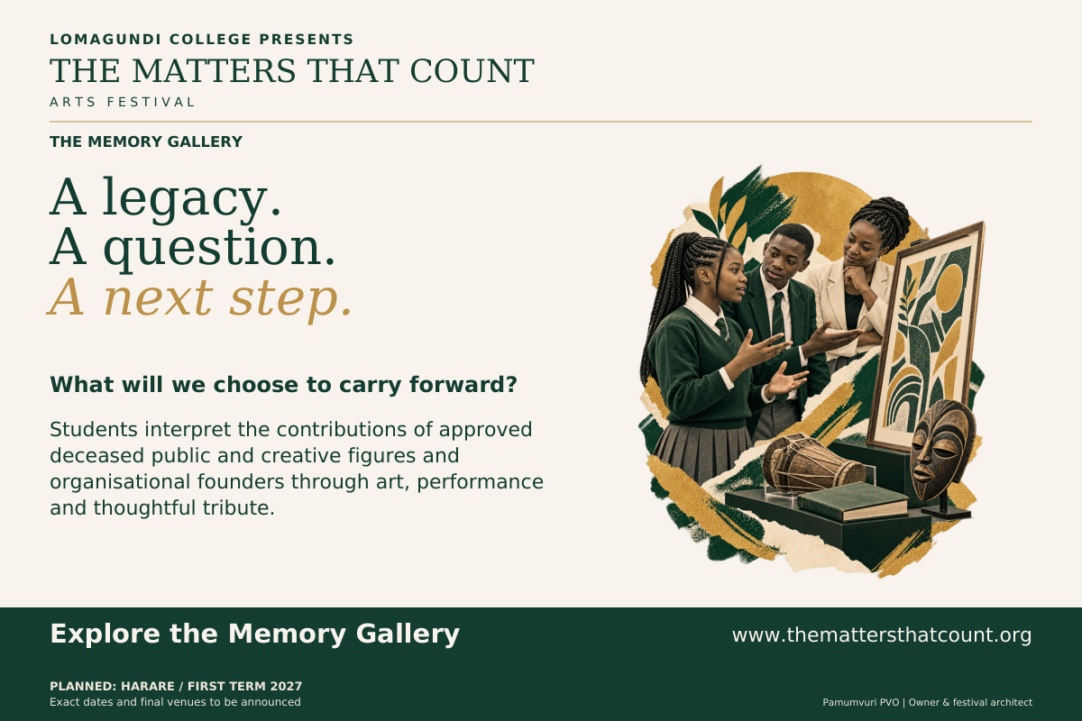 The Matters That Count Arts Festival. The Memory Gallery. A legacy. A question. A next step. What will we choose to carry forward? Students interpret the contributions of approved deceased public and creative figures and organisational founders through art, performance and thoughtful tribute. Subjects, factual context and rights require approval. Private memorials and political figures are excluded. Explore the Memory Gallery. Fictional concept collage shows uniformed pupils discussing an abstract gallery work with an adult curator.