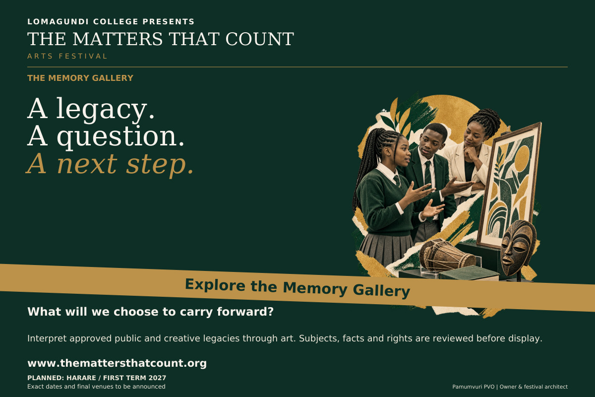 The Matters That Count Arts Festival. The Memory Gallery. A legacy. A question. A next step. What will we choose to carry forward? Students interpret the contributions of approved deceased public and creative figures and organisational founders through art, performance and thoughtful tribute. Subjects, factual context and rights require approval. Private memorials and political figures are excluded. Explore the Memory Gallery. Fictional concept collage shows uniformed pupils discussing an abstract gallery work with an adult curator.