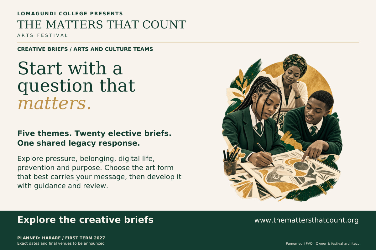 The Matters That Count Arts Festival. Creative Briefs / Arts And Culture Teams. Start with a question that matters. Five themes. Twenty elective briefs. One shared legacy response. Explore pressure, belonging, digital life, prevention and purpose. Choose the art form that best carries your message, then develop it with guidance and review. The shared legacy response is What Continues Through Us. Personal disclosure is never required. Explore the creative briefs. Fictional concept collage shows two uniformed pupils discussing and drawing with an adult teacher.
