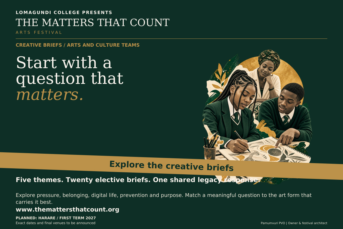 The Matters That Count Arts Festival. Creative Briefs / Arts And Culture Teams. Start with a question that matters. Five themes. Twenty elective briefs. One shared legacy response. Explore pressure, belonging, digital life, prevention and purpose. Choose the art form that best carries your message, then develop it with guidance and review. The shared legacy response is What Continues Through Us. Personal disclosure is never required. Explore the creative briefs. Fictional concept collage shows two uniformed pupils discussing and drawing with an adult teacher.