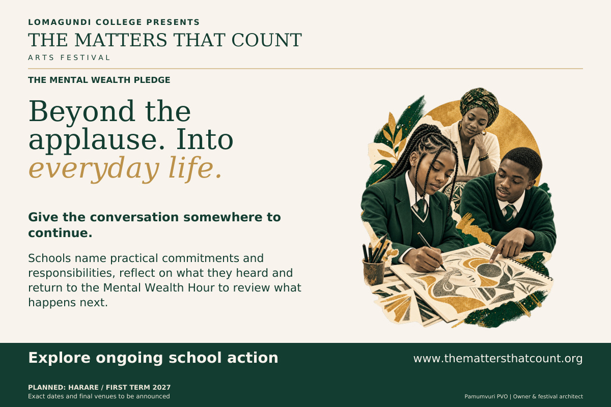 The Matters That Count Arts Festival. The Mental Wealth Pledge. Beyond the applause. Into everyday life. Give the conversation somewhere to continue. Schools name practical commitments and responsibilities, reflect on what they heard and return to the Mental Wealth Hour to review what happens next. A pledge is a commitment to action, not evidence that change has already happened. Explore ongoing school action. Fictional concept collage shows two uniformed pupils discussing and drawing with an adult teacher.