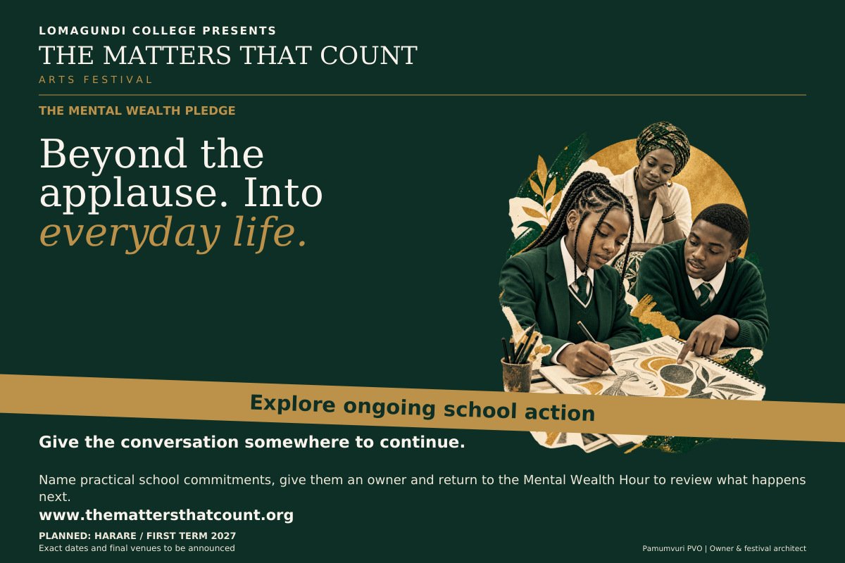 The Matters That Count Arts Festival. The Mental Wealth Pledge. Beyond the applause. Into everyday life. Give the conversation somewhere to continue. Schools name practical commitments and responsibilities, reflect on what they heard and return to the Mental Wealth Hour to review what happens next. A pledge is a commitment to action, not evidence that change has already happened. Explore ongoing school action. Fictional concept collage shows two uniformed pupils discussing and drawing with an adult teacher.