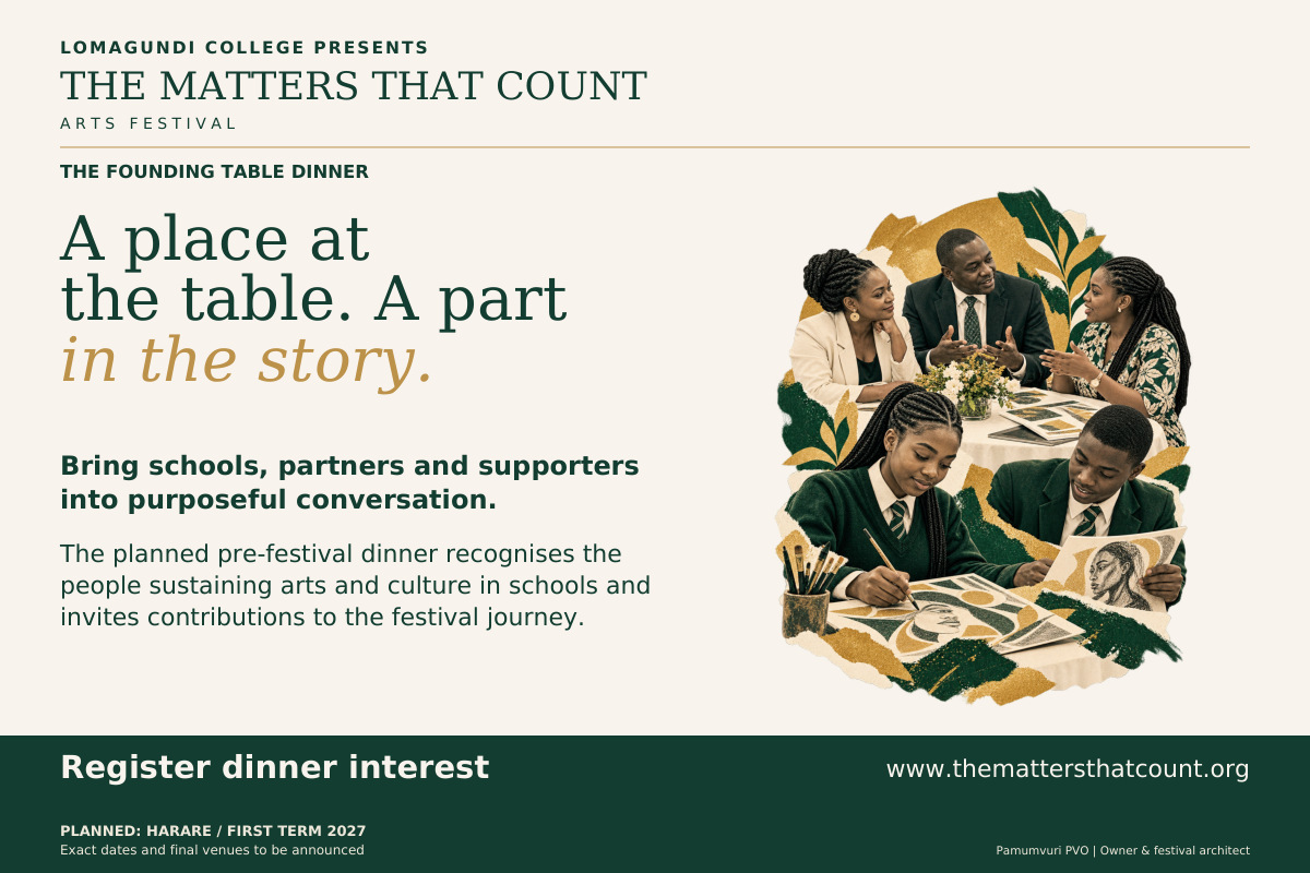 The Matters That Count Arts Festival. The Founding Table Dinner. A place at the table. A part in the story. Bring schools, partners and supporters into purposeful conversation. The planned pre-festival dinner recognises the people sustaining arts and culture in schools and invites contributions to the festival journey. Invitations follow initial founding-school commitments. Dates and terms are unconfirmed; this is not a booking. Register dinner interest. Fictional concept collage shows adult school and partner representatives in conversation, with a smaller vignette of uniformed student artists.