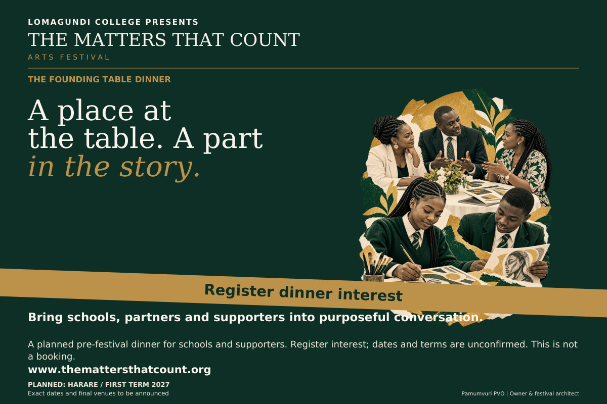 The Matters That Count Arts Festival. The Founding Table Dinner. A place at the table. A part in the story. Bring schools, partners and supporters into purposeful conversation. The planned pre-festival dinner recognises the people sustaining arts and culture in schools and invites contributions to the festival journey. Invitations follow initial founding-school commitments. Dates and terms are unconfirmed; this is not a booking. Register dinner interest. Fictional concept collage shows adult school and partner representatives in conversation, with a smaller vignette of uniformed student artists.